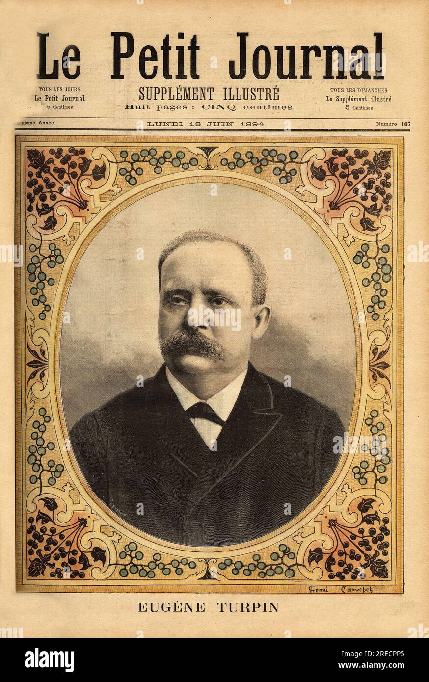 Portrait d'Eugene Turpin (1848-1927), chimiste specialise dans les explosifs, ( inventeur en 1884 de la melinite ), injustement accuse d'avoir vendu ses inventions a l'ennemi, il est la source d'inpiration pour le personnage de Thomas Roch dans le roman 'Face au drapeau' de Jules Verne (1828-1905). Gravure in 'Le petit journal' 18061894. Stock Photo