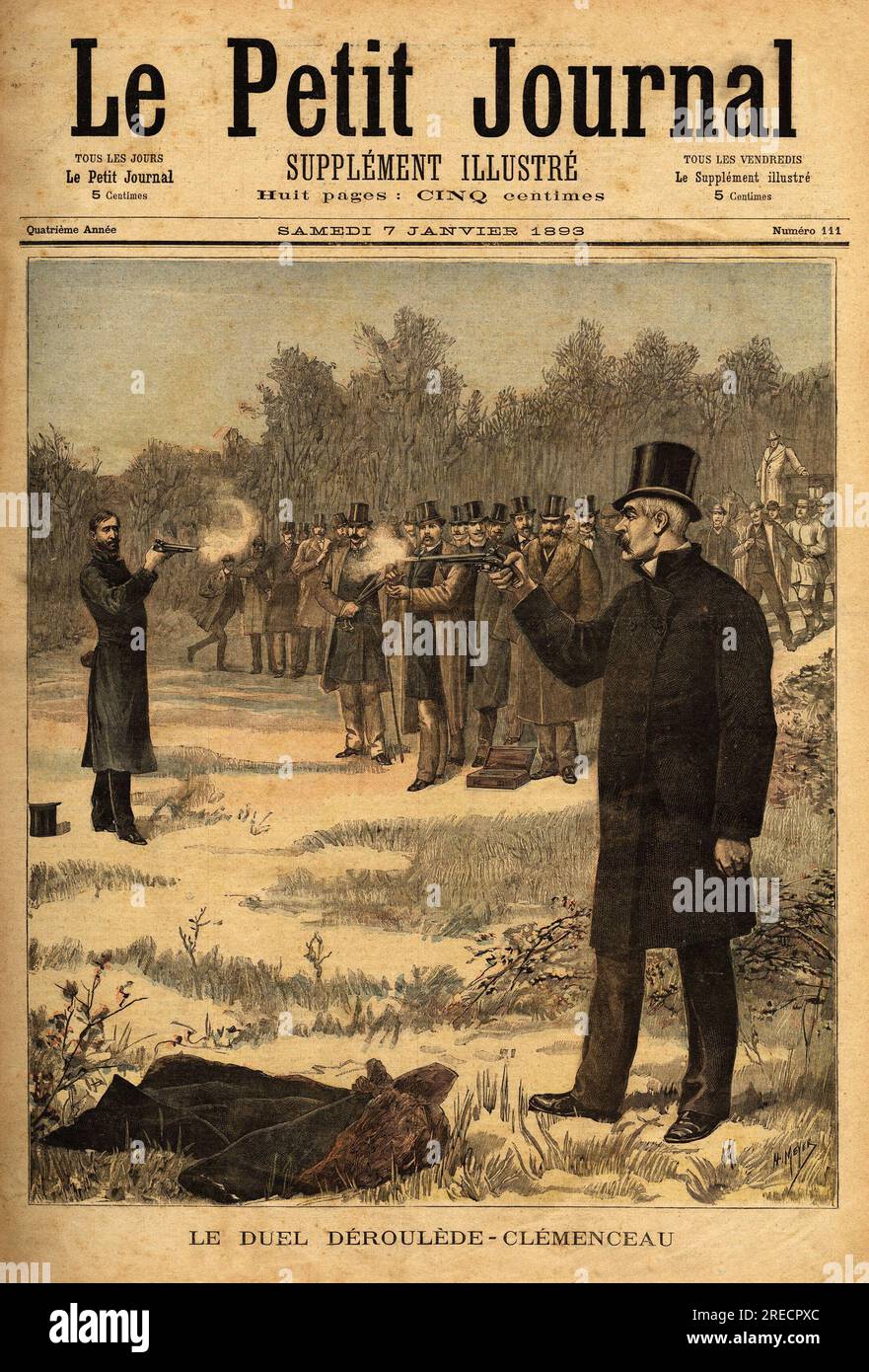 Le duel au pistolet ( interdit en France depuis 1626) entre les deputes Paul Deroulede (1846-1914) et Georges Clemenceau (1841-1929), aucun blesse. Gravure in 'Le petit journal' 7011893. Stock Photo