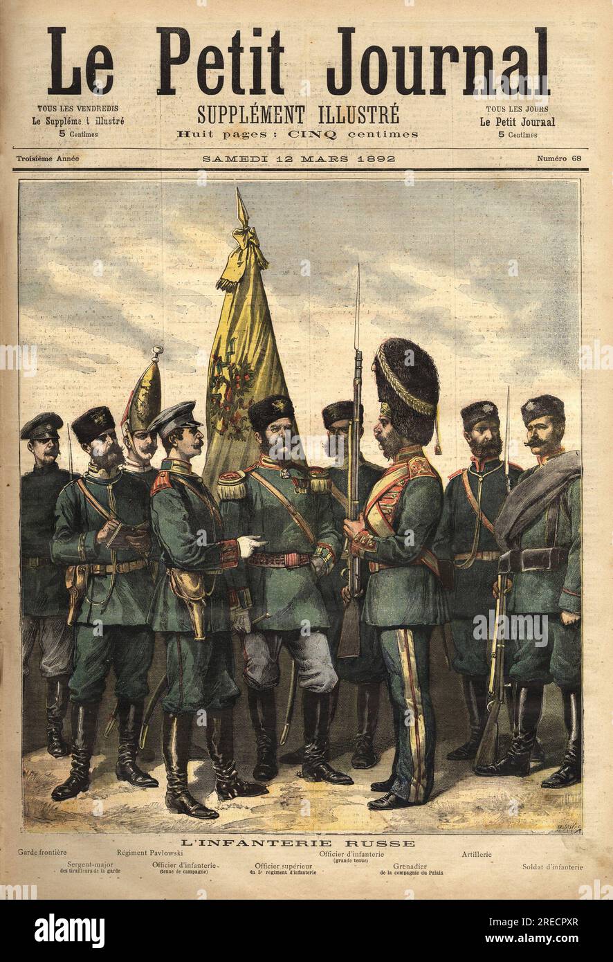 Les uniformes de l'infanterie russe, alliee de la France,  de gauche a droite: le garde frontiere, le sergent major des tirailleurs de la garde, le regiment pavlowski, l'officier, l'officier superieur, le grenadier du palais , l'uniforme d'artillerie, et le soldat.  Gravure in 'Le petit journal' 12031892. Stock Photo