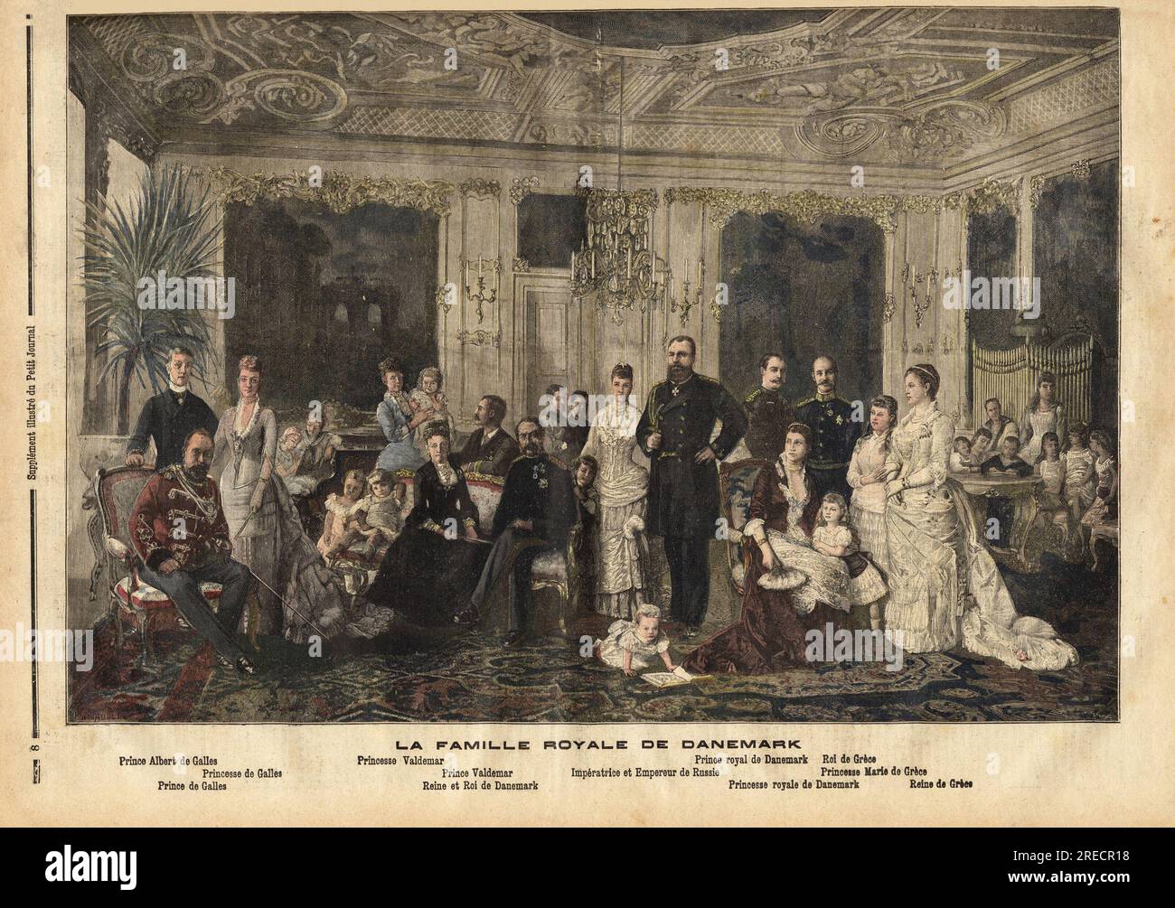 La famille royale du Danemark, avec assis au centre, la reine Louise de Hesse-Kassel (1817-1898) et le roi Christian IX de Danemark (1818-1906) surnomme 'le beau pere de l'europe ' car il a marie plusieurs de ses enfants a des heritiers des grandes familles royales, comme il est represente ici entoure de ses enfants lors de la celebration des noces d'argent de sa fille avec le tsar de Russie: derriere lui, la princesse Marie d'Orleans (1865-1909) et son epoux le prince  Valdemar (1858-1939) , et a  droite, assis, Albert Edouard prince de Galles ( 1841-1910, futur Edouard VII du Royaume Uni) av Stock Photo