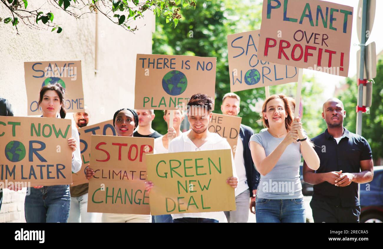 Earth Environment Activism People With Green Change Banners Stock Earth Environment Activism People With Green Change Banners Stock