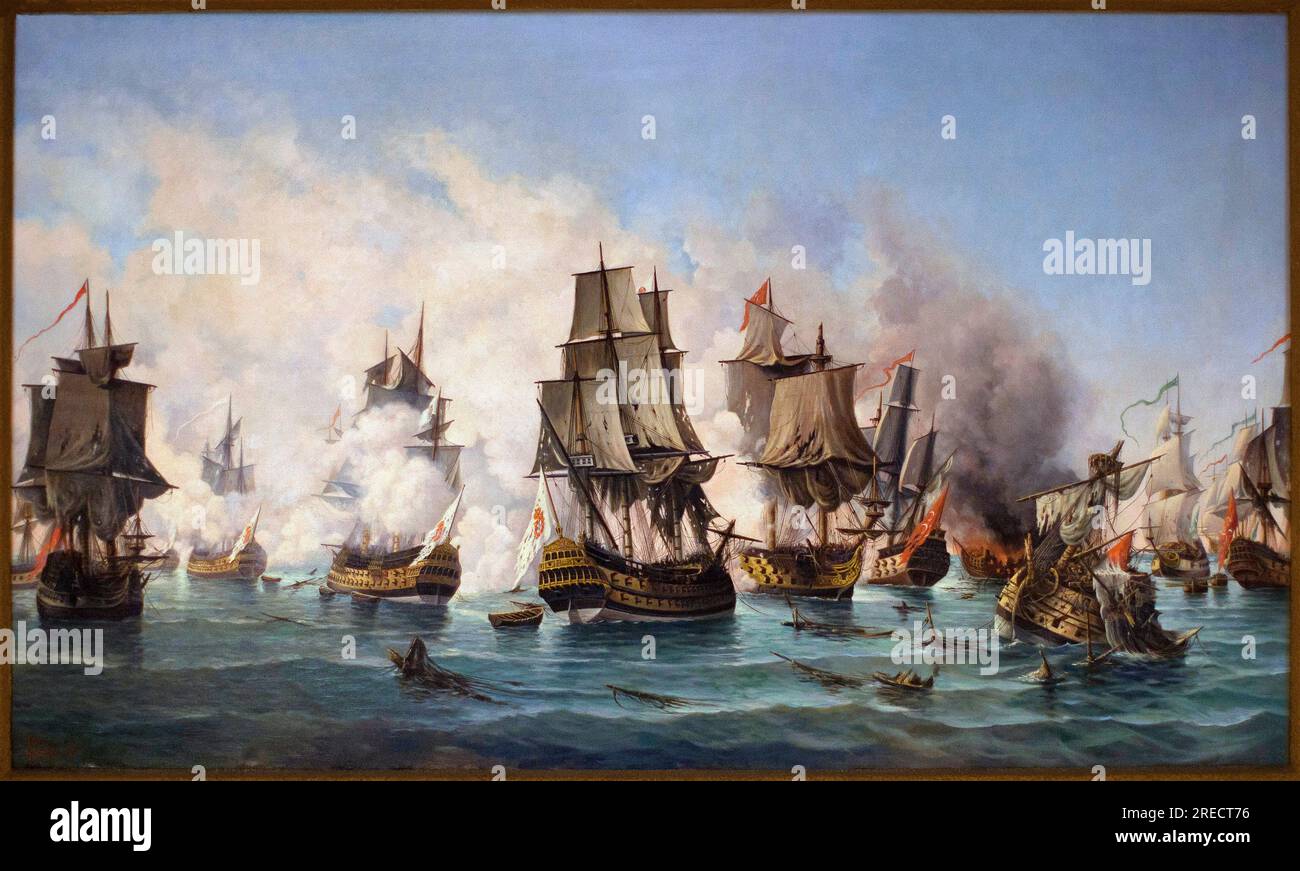 La bataille navale a Cap Matapan (ou cap Tenare, Grece), 19 juillet 1717, entre la flotte portugaise et la flotte turque pendant la guerre veneto-austro-ottomane (troisieme guerre austro-ottomane ou septieme guerre veneto-ottomane) (1714-1718) - Peinture de A Ramos Ribeiro, huile sur toile, 1956, copie d'apres le tableau de Joao Dantas, en 1892 (Ottoman-Venetian War (1714-18) or Austro-Turkish War of 1716-1718 : The Naval Battle of Cape Matapan, 19th of July 1717, by A Ramos Ribeiro, 1956, copy of the original by Joao Dantas, 1892) - Musee de la marine de Lisbonne (Portugal) -  Attention! L'ut Stock Photo