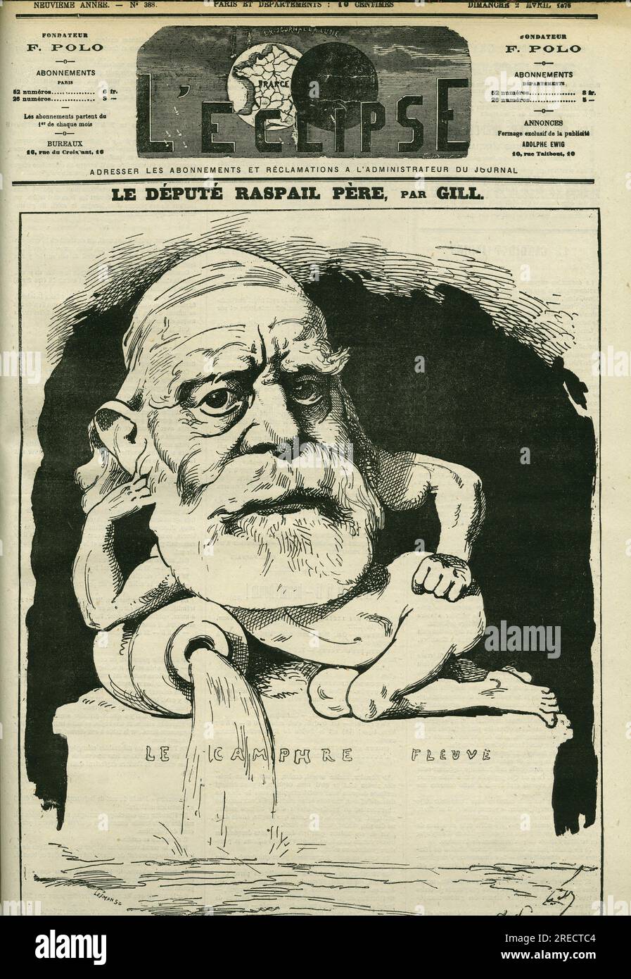 Portrait de Francois-Vincent Raspail (1794-1878), chimiste, medecin, et homme politique francais. Couverture in 'L'Eclipse' par Gill, le 2 avril 1876, Paris. Stock Photo