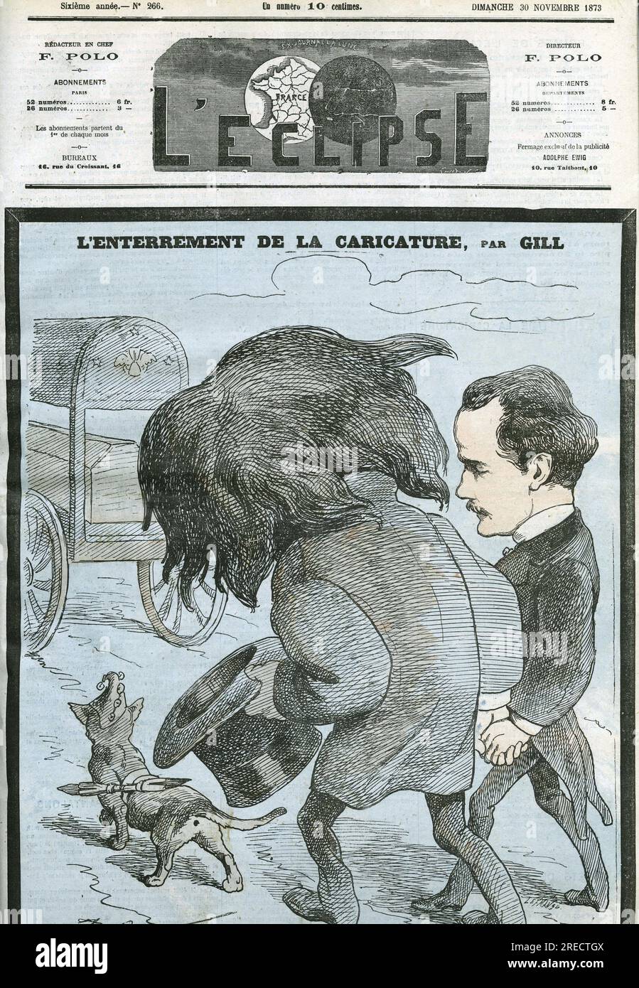 'L'enterrement de la caricature', Gill et Polo suivant le cercueil de la Caricature. Couverture in 'L'Eclipse' par Gill, le 30 novembre 1873, Paris. Stock Photo