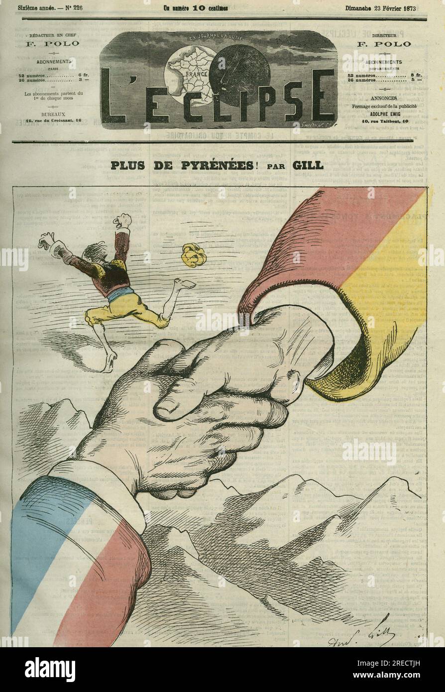 'Plus de Pyrenees! '. Couverture in 'L'Eclipse' par Gill, le 23 fevrier 1873, Paris. Stock Photo