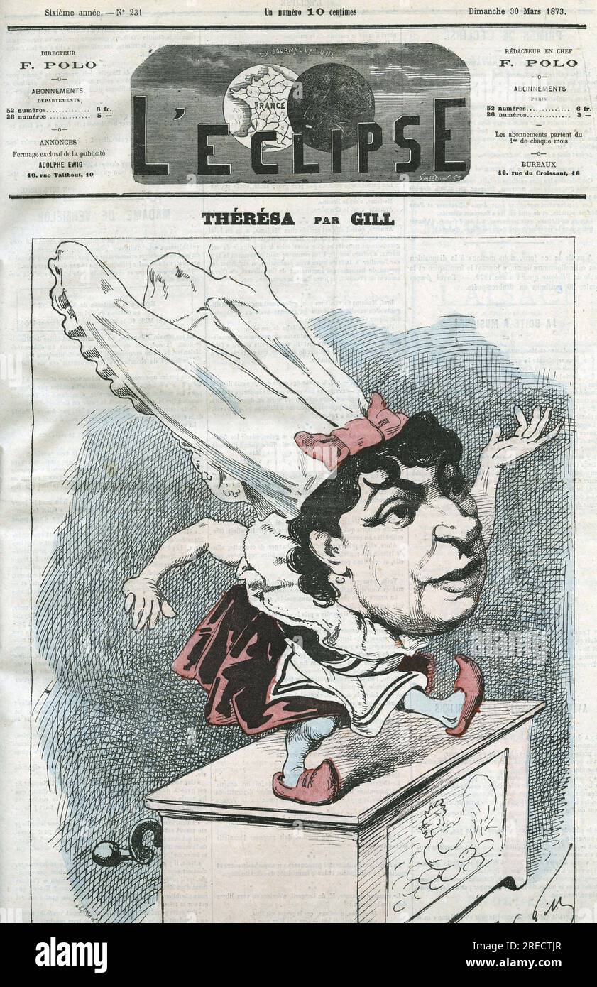 Caricature de Emma Valendon dite Theresa (1837-1913), chanteuse populaire francaise. Couverture in 'L'Eclipse' par Gill, le 30 mars 1873, Paris. Stock Photo
