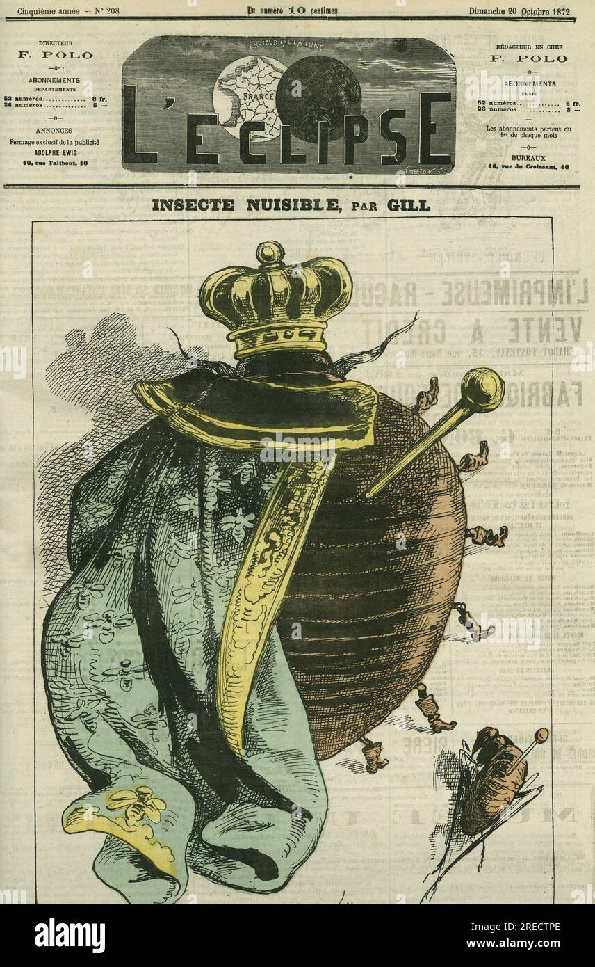 'Insecte nuisible', la monarchie en cafard pour l'Exposition du Cercle Agricole et Horticole du Luxembourg. Couverture in 'L'Eclipse' par Gill, le 20 octobre 1872, Paris. Stock Photo