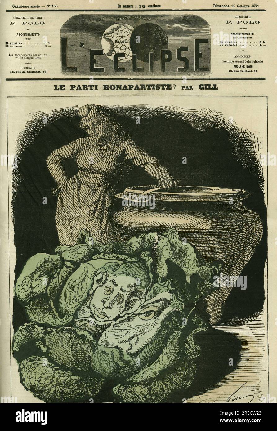 'Le parti bonapartiste', Louis-Philippe d'Orleans (1838-1894) 'echoue' en choux devant la marmite de la Republique. Couverture in 'L'Eclipse' par Gill, le 22 octobre 1871, Paris. Stock Photo