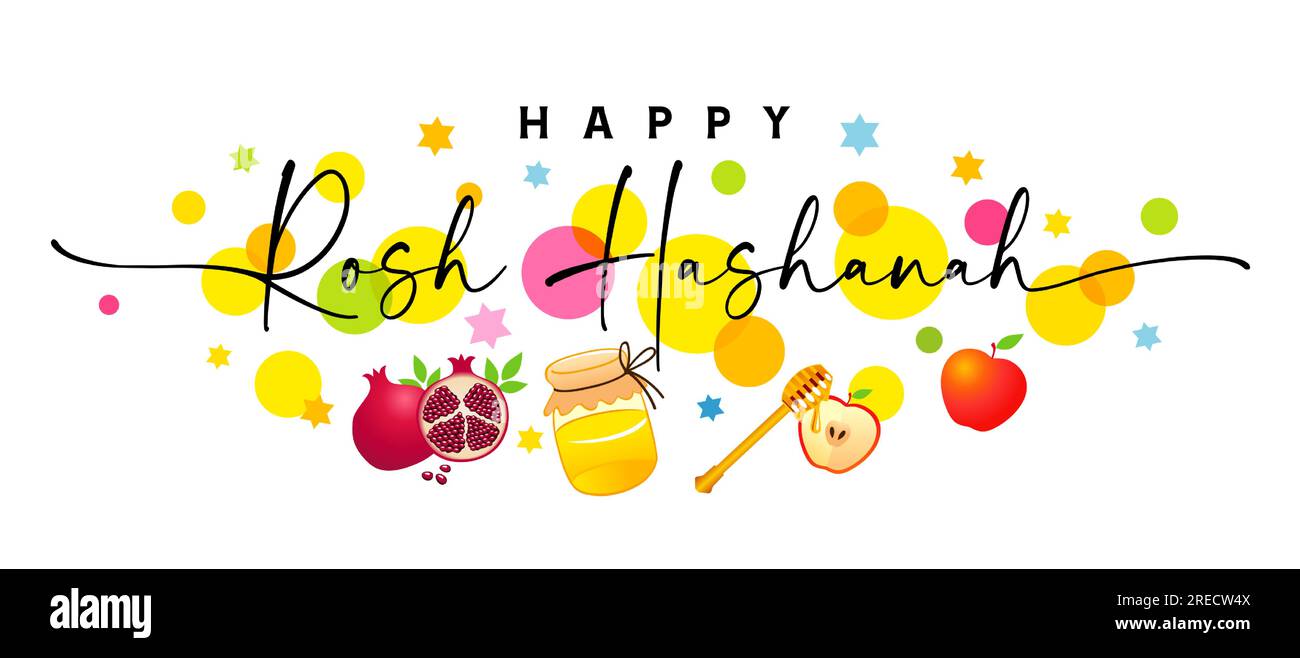 Happy Rosh Hashanah hand drawn lettering with colored circle, apple and