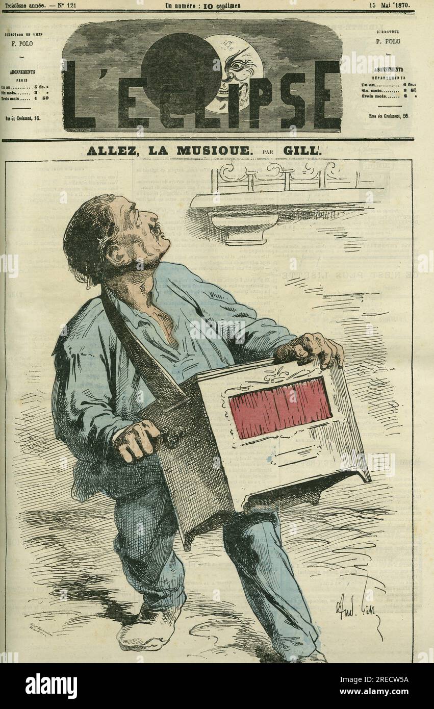 'Allez, la musique', air connu. Couverture in 'L'Eclipse' par Gill, le 15 mai 1870, Paris. Stock Photo