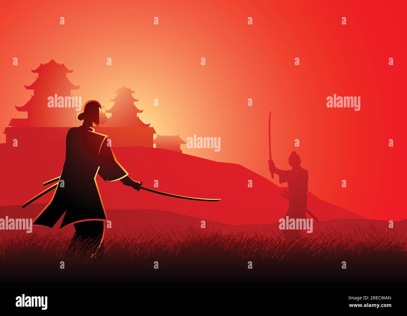 Illustration of two Samurai in duel stance facing each other on grass field Stock Vector