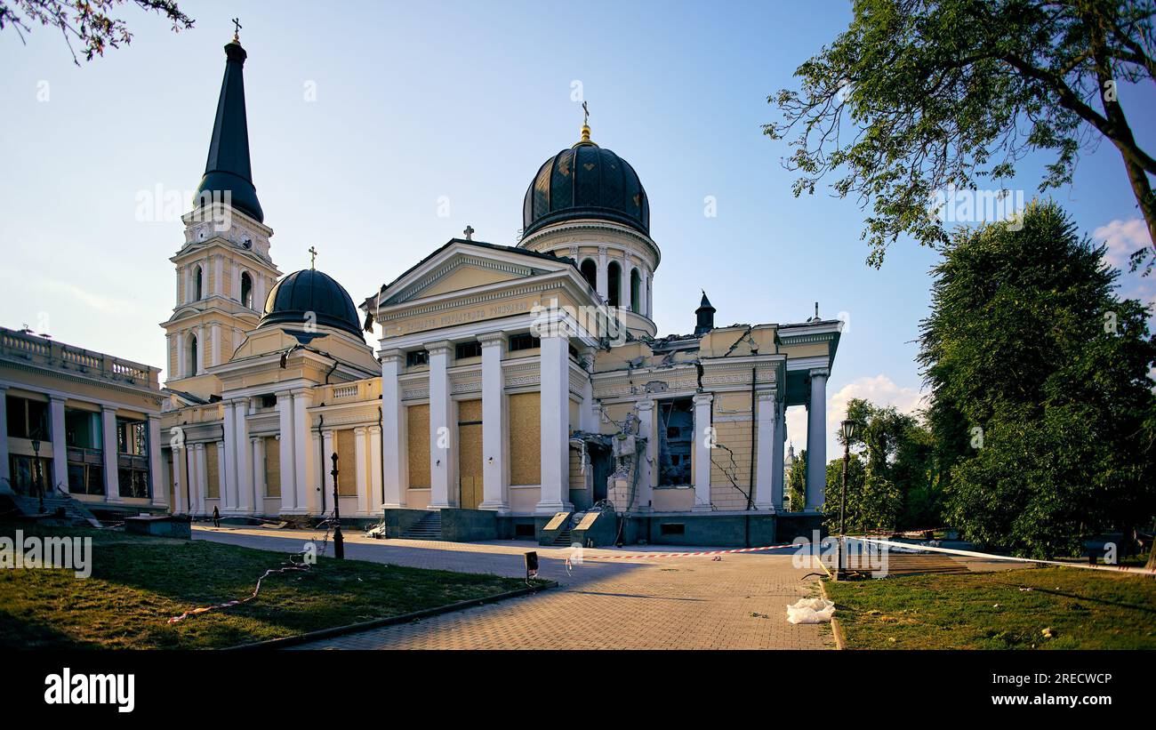 Savior Transfiguration Cathedral damaged by Russian missile attack. Odessa. Ukraine. Stock Photo