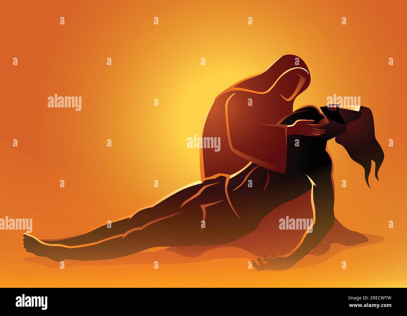 Biblical vector illustration series. Way of the Cross or Stations of the Cross, Jesus is taken down from the cross, Mother Mary mourning the death of Stock Vector