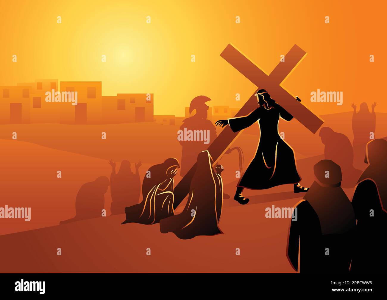 Biblical vector illustration series. Way of the Cross or Stations of the Cross, eighth station, The Women of Jerusalem Mourn for Jesus. Stock Vector