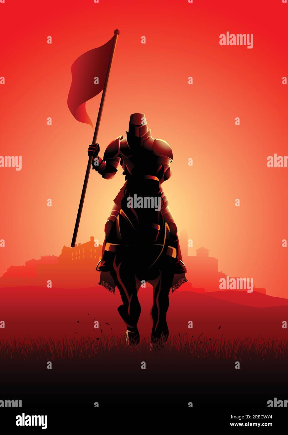 Vector illustration of a medieval knight on horse carrying a flag on dramatic scene Stock Vector