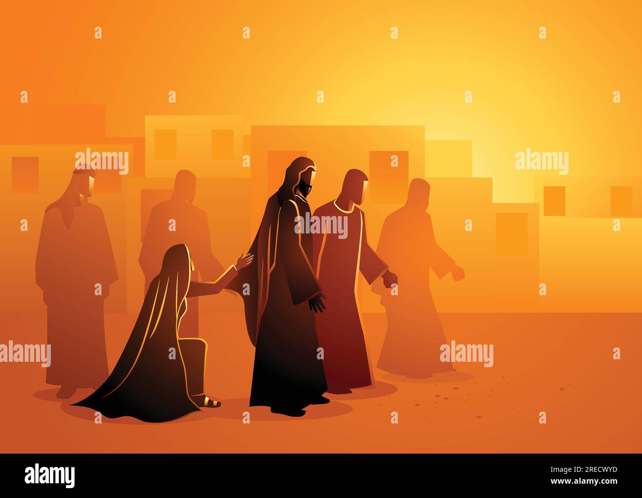 Biblical vector illustration series. Jesus heals the bleeding woman