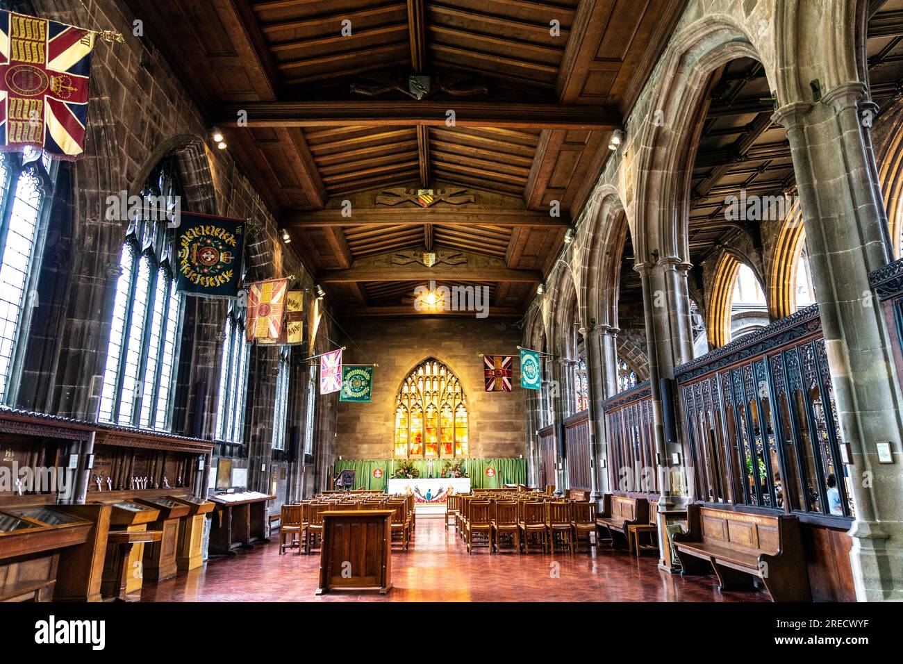 Manchester Cathedral Regimental Chapel with Fire Window by Margaret Traherne, marking location where German bomb fell during Manchester Blitz in 1940, Stock Photo