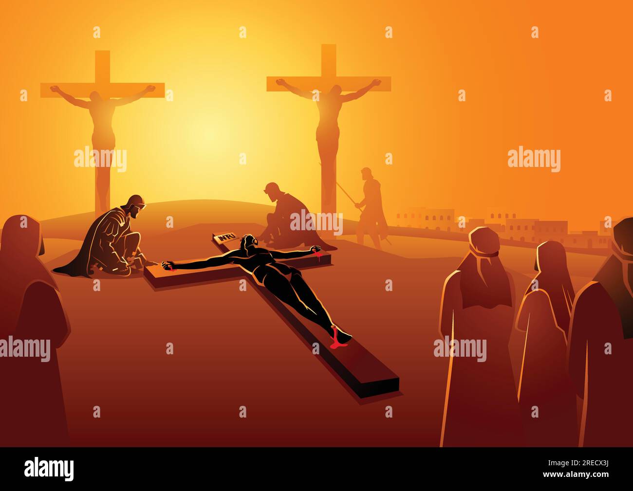 Biblical vector illustration series. Way of the Cross or Stations of the Cross, eleventh station, Jesus is Nailed To The Cross. Stock Vector