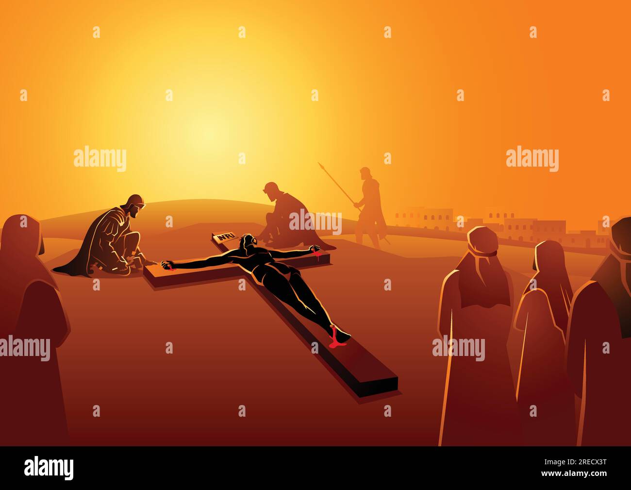 Biblical vector illustration series. Way of the Cross or Stations of the Cross, eleventh station, Jesus is Nailed To The Cross. Stock Vector