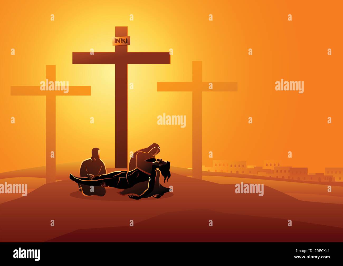 Biblical vector illustration series. Way of the Cross or Stations of the Cross, thirteenth station, Jesus is taken down from the cross. Stock Vector