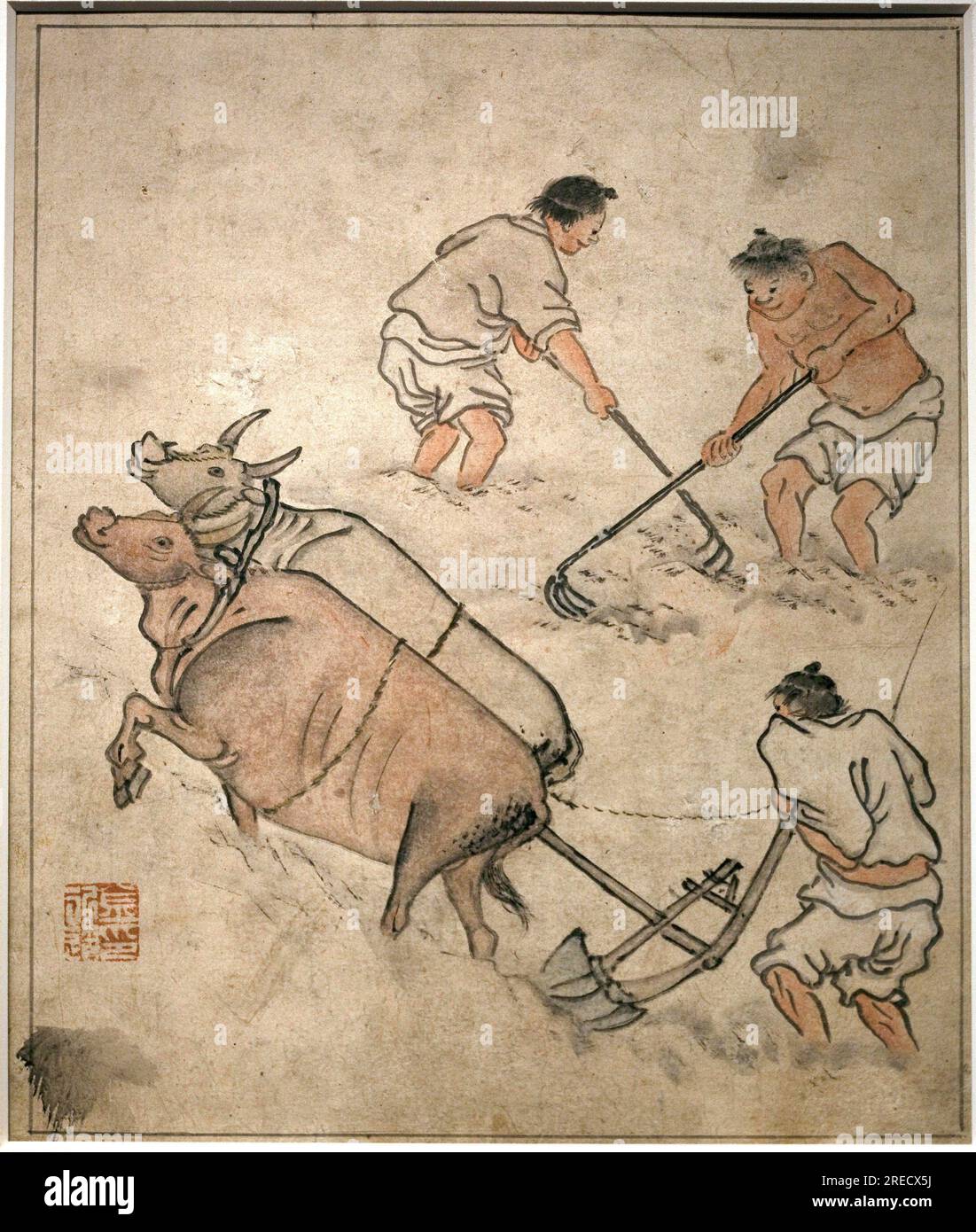 Scene de travail agricole. Peinture de Danwon (Kim Hongdo) (1745-1806), encre sur papier, art coreen, periode Joseon (Choson) 18e siecle. Musee National de Coree, Seoul (Coree du Sud). Stock Photo