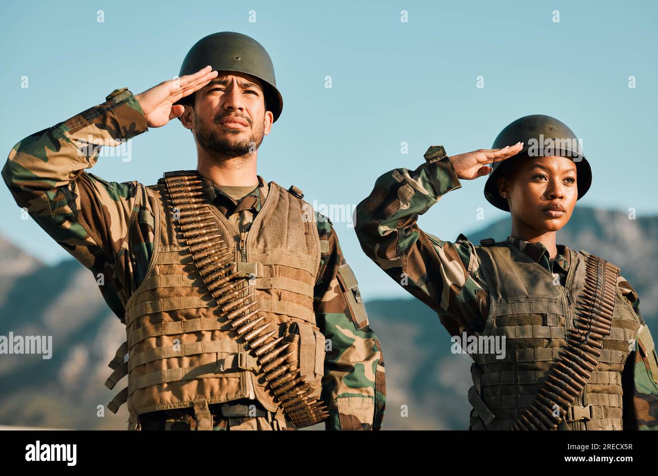 Salute, army and soldier with people in nature for training, military ...