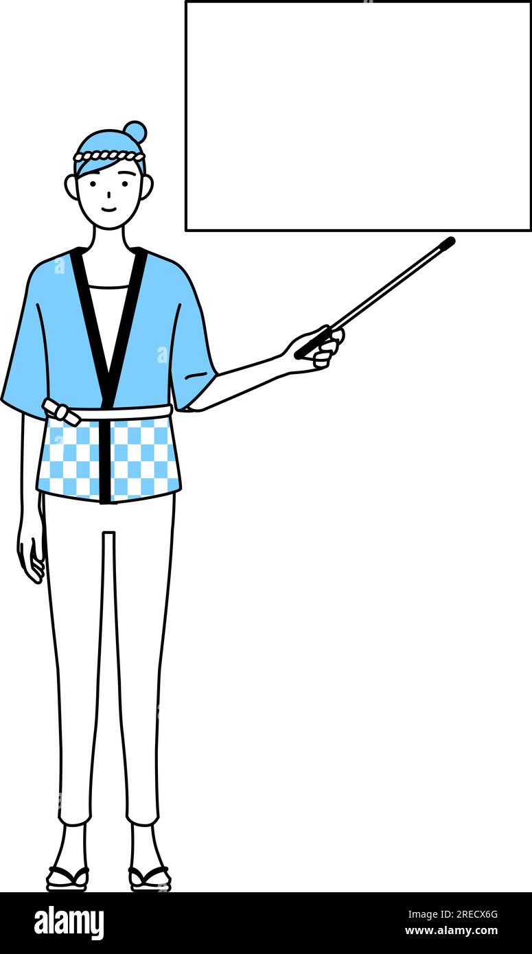 Woman wearing Happi coat for summer festivals pointing at a whiteboard ...