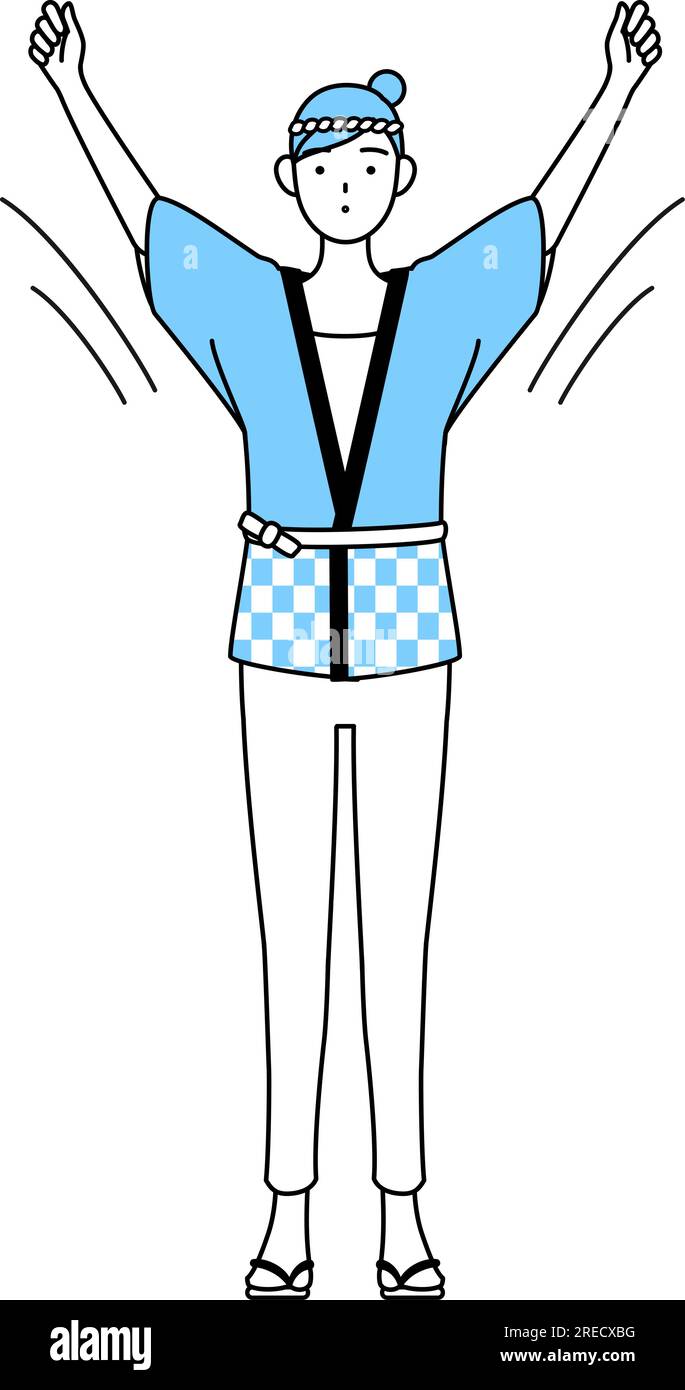 Woman wearing Happi coat for summer festivals doing radio calisthenics ...