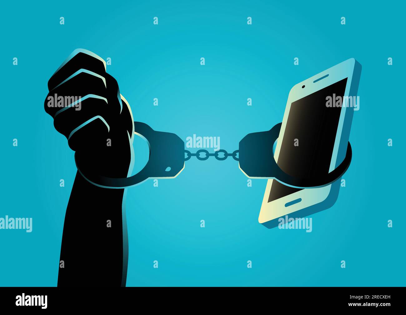 Human hand handcuffed with a smartphone, gadget and technology