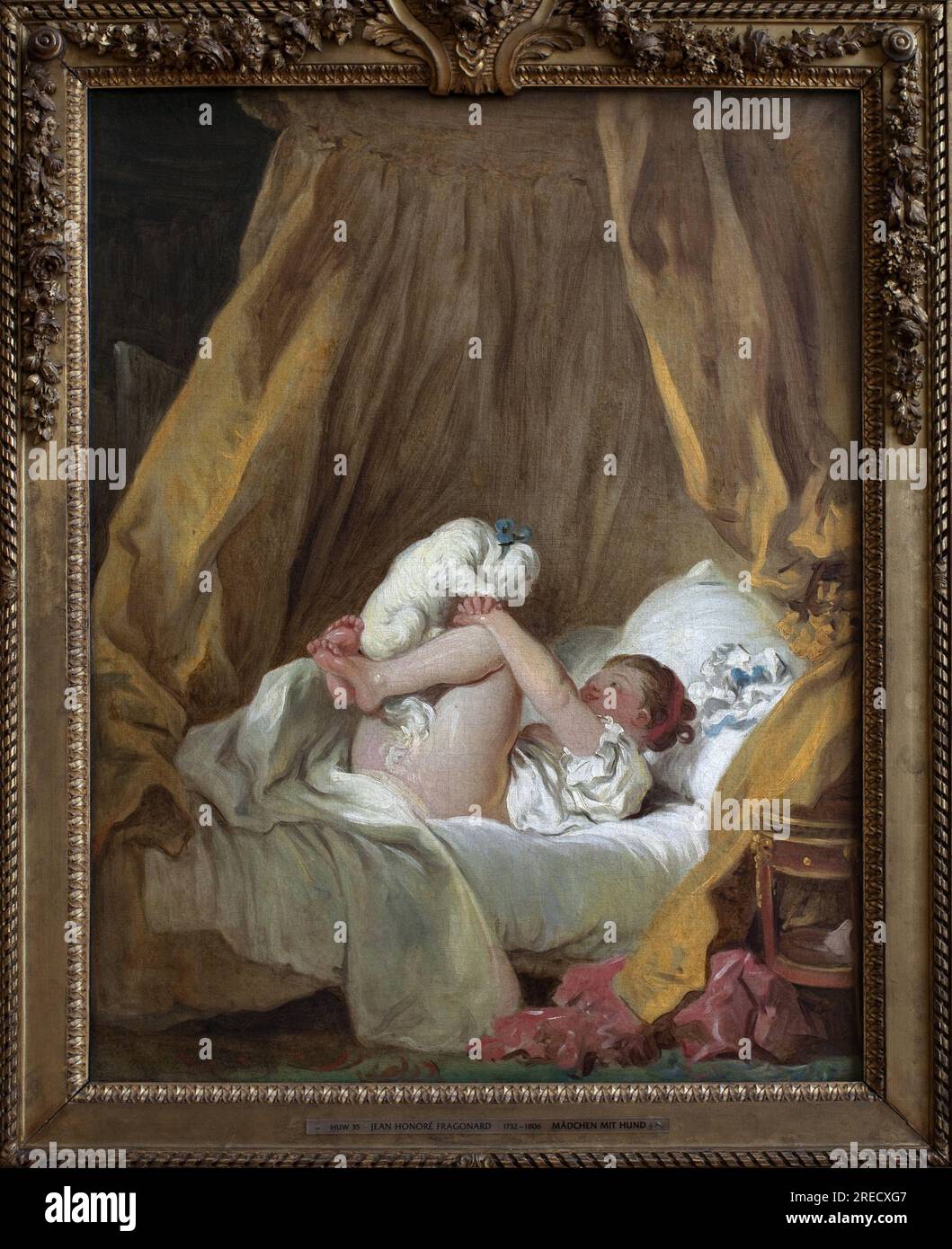 Jeune fille avec un chien. Peinture de Jean Honore Fragonard (1732-1806), huile sur toile, art francais 18e siecle. Ancienne pinacotheque de Munich (Allemagne). Stock Photo