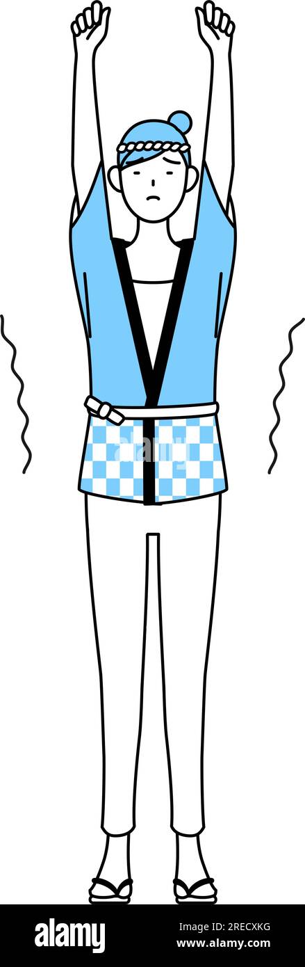 Woman wearing Happi coat for summer festivals stretching and standing ...