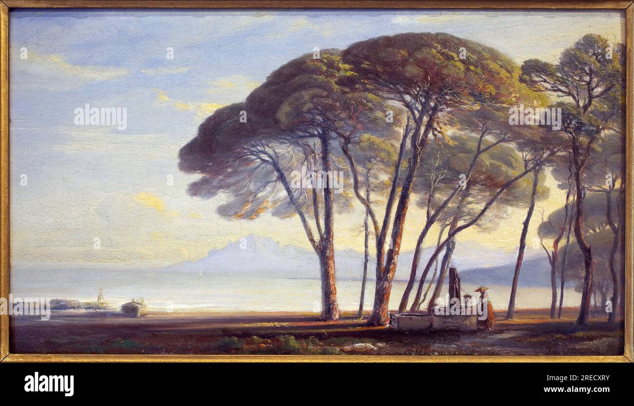 La pinede a Juan Les Pins (Juan-Les-Pins). Peinture de Adolphe Fioupou (1824-1899), huile sur bois, art  francais 19e siecle. Musee de la Castre, Cannes. Stock Photo