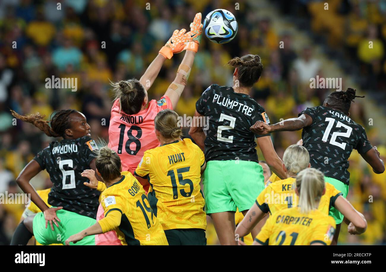 Brisbane, Australia. 27th July, 2023. Australia's goalkeeper Mackenzie Arnold (top L) makes a save during the group B match between Australia and Nigeria at the 2023 FIFA Women's World Cup in Brisbane, Australia, July 27, 2023. Credit: Ding Ting/Xinhua/Alamy Live News Stock Photo