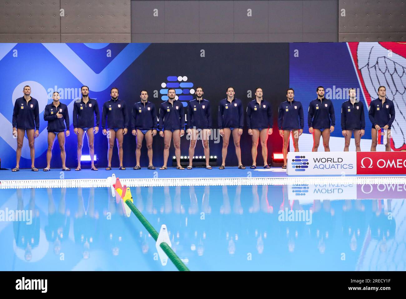 FUKUOKA, JAPAN - JULY 27: Line up Serbia With Vladimir Misovic of Serbia, Marko Radulovic of Serbia, Strahinja Rasovic of Serbia, Sava Randelovic of Serbia, Vuk Milojevic of Serbia, Radomir Drasovic of Serbia, Nikola Jaksic of Serbia, Filip Jankovic of Serbia, Nemanja Ubovic of Serbia, Djordje Vucinic of Serbia, Vasilije Martinovic of Serbia, Branislav Mitrovic of Serbia, Dorde Lazic of Serbia during the World Aquatics Championships 2023 Men's Waterpolo Semi-Final match between Greece and Serbia on July 27, 2023 in Fukuoka, Japan (Photo by Albert ten Hove/Orange Pictures) Stock Photo