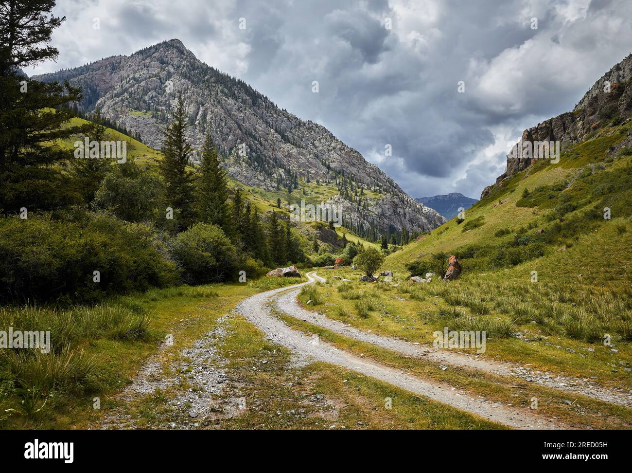 Country road at beautiful scenery of green hills in the mountain rocky valley and green lush meadow at cloudy storm sky and rain in Kazakhstan Stock Photo