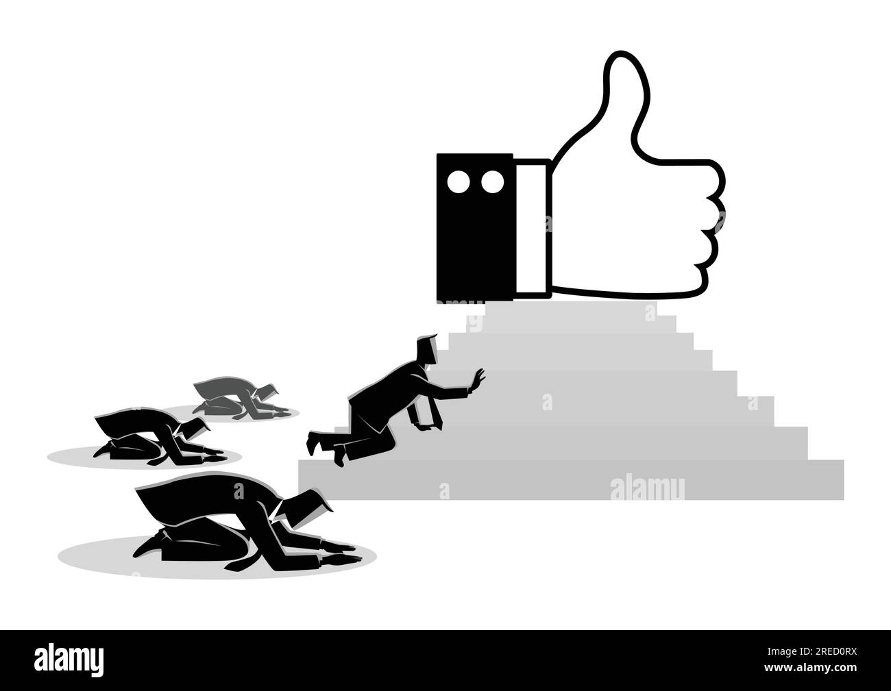 Concept vector illustration of people worshiping thumb up icon. Social media concept, people obsessed with 'like' icon, getting more Likes is a critic Stock Vector