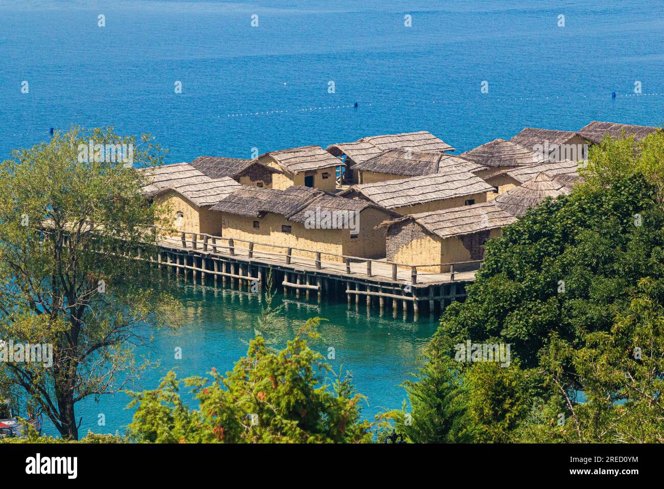 Bay of Bones, prehistoric pile-dwelling, recreation of a bronze age settlement on Lake Ohrid, North Macedonia Stock Photo