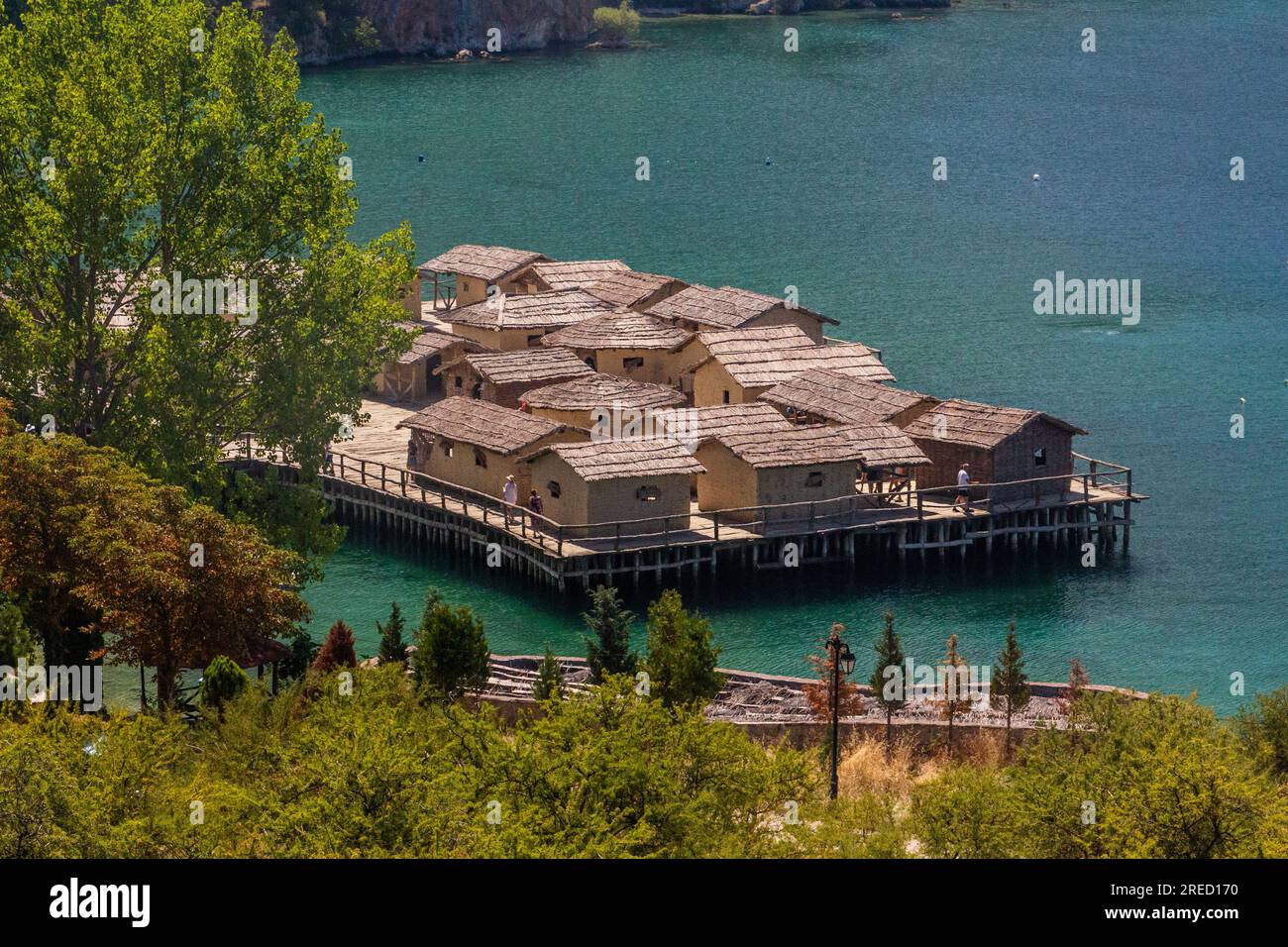 Bay of Bones, prehistoric pile-dwelling, recreation of a bronze age settlement on Lake Ohrid, North Macedonia Stock Photo