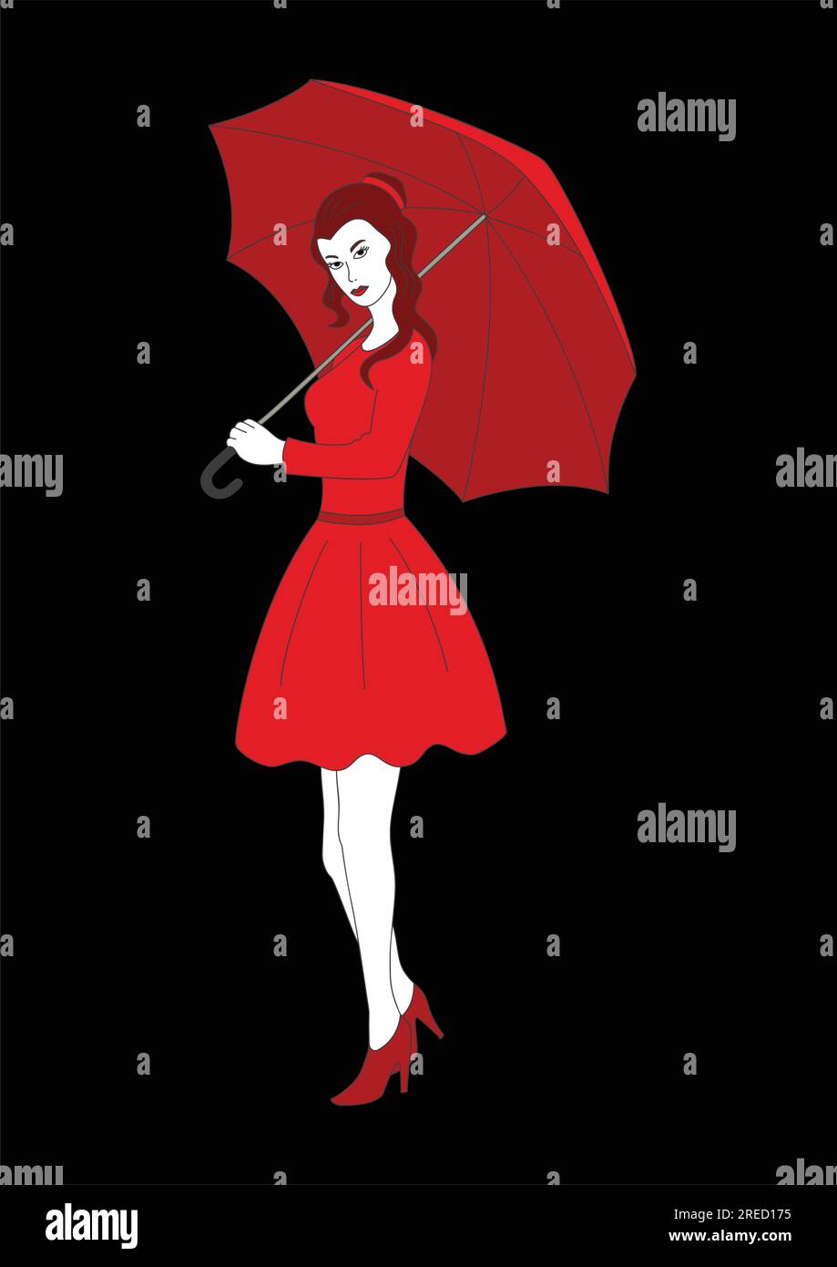 Naive art of a pretty girl in red dress with umbrella on black