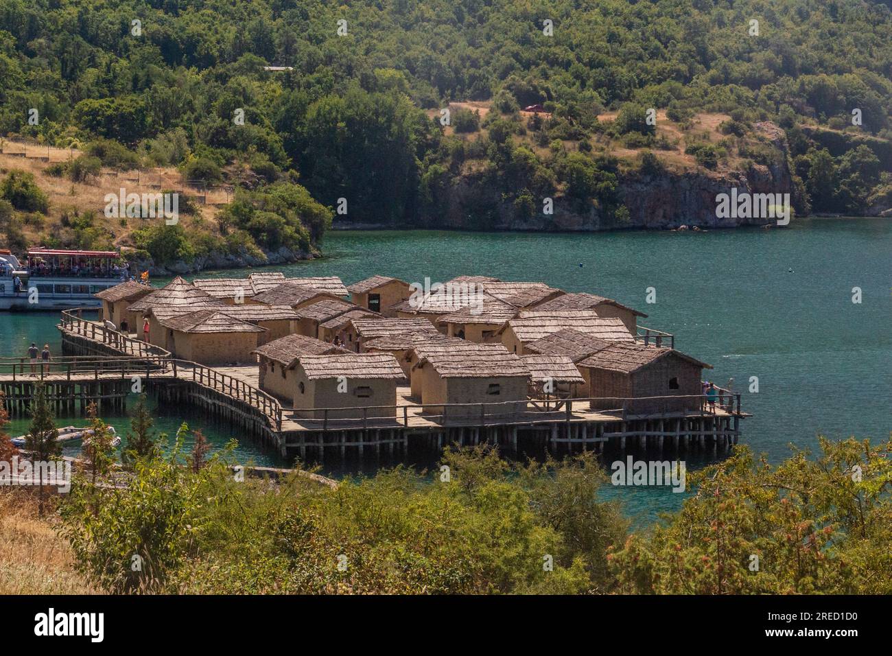 Bay of Bones, prehistoric pile-dwelling, recreation of a bronze age settlement on Lake Ohrid, North Macedonia Stock Photo