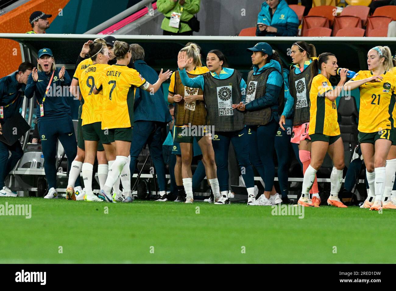 27th July 2023; Brisbane Stadium, Brisbane, Queensland, Australia: FIFA Womens World Cup Group B Football, Australia versus Nigeria; Sam Kerr of Australia celebrates her team taking a 1-0 lead Stock Photo