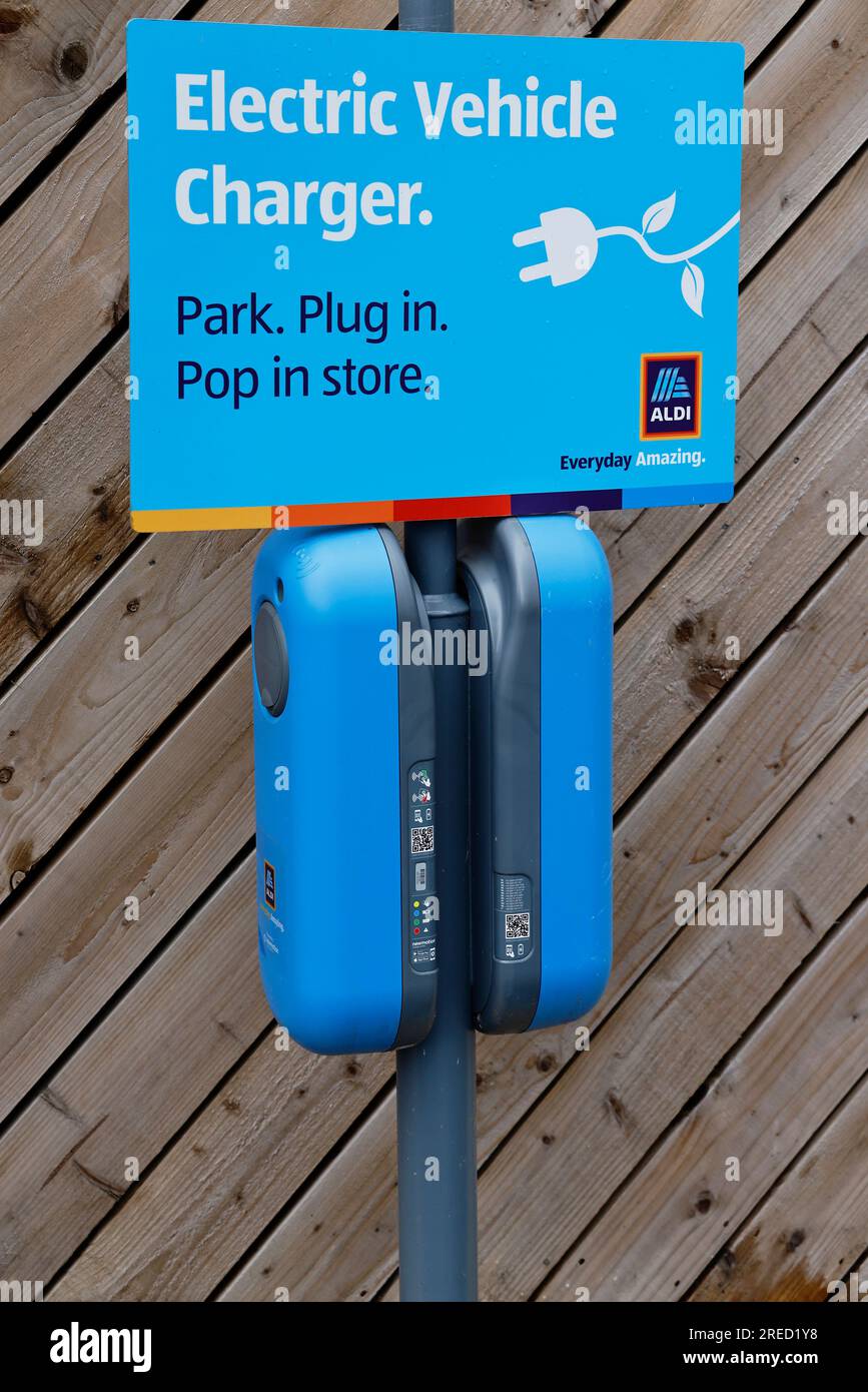 Transport, Road, Car, Electric vehicle charging point outside Aldi