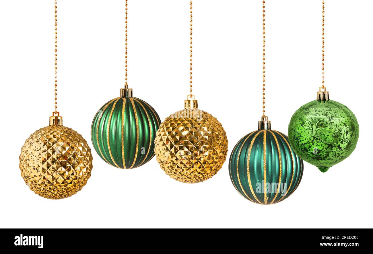 Set of five golden and green decoration Christmas balls collection hanging isolated Stock Photo