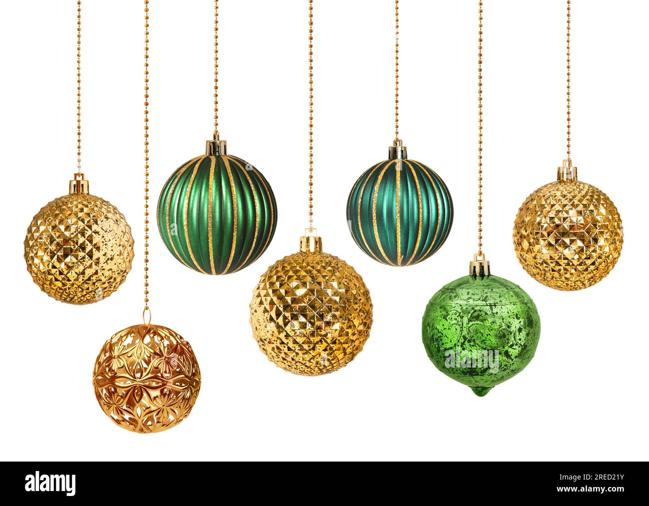 Set of seven golden and green decoration Christmas balls collection hanging isolated Stock Photo
