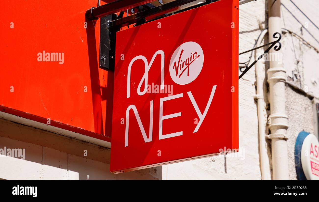 Finance, Banks, Money, Virgin Money sign outside high street shop Stock