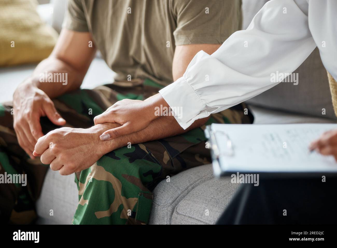 Therapy, soldier and people holding hands with checklist for mental
