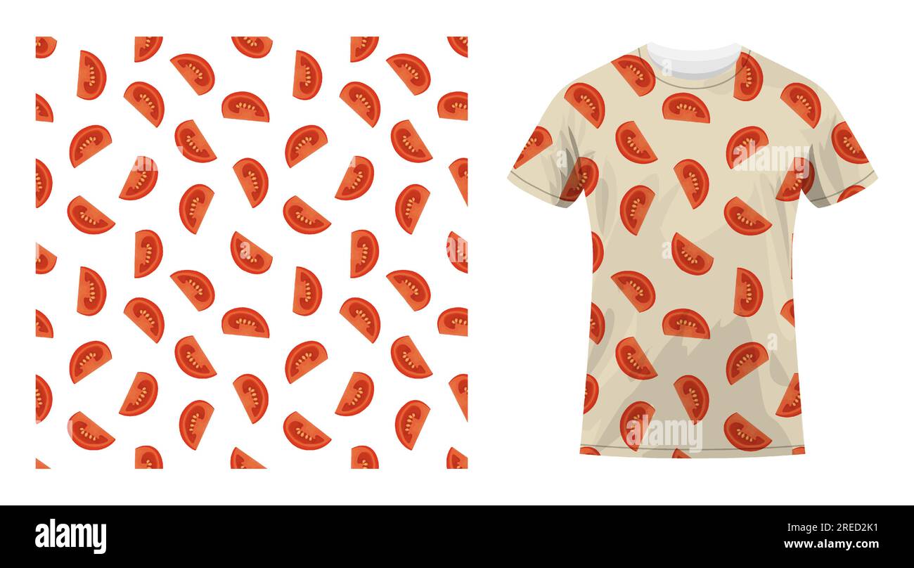 Short sleeved cotton sports t shirt decorated seamless pattern with sliced tomato. Tomato wedges and slices for salad. Comfortable summer clothes. Vec Stock Vector