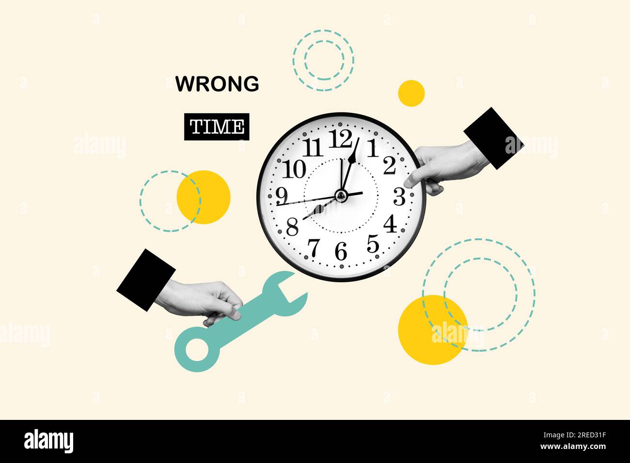 Creative composite template photo collage of hands holding wrench repairing clock showing wrong