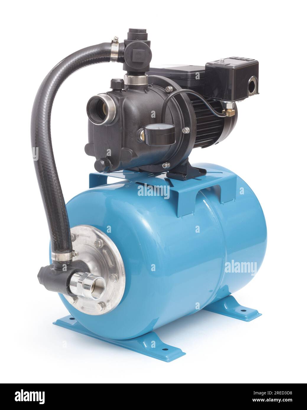 Well water jet pump and tank with pressure switch on white Stock Photo