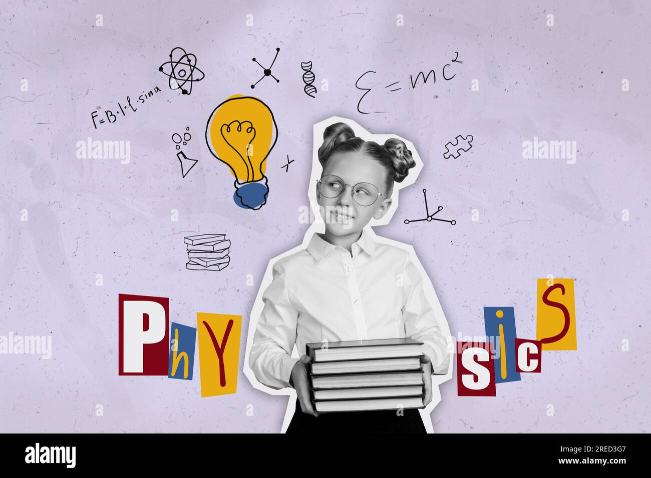 Poster collage picture magazine of smiling cute clever schoolkid hold textbook academic materials test seminar calculate physics formula Stock Photo